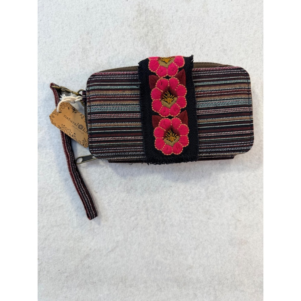 New Natural Life Woven Striped Floral Embroidered Wristlet Wallet Multi-Color